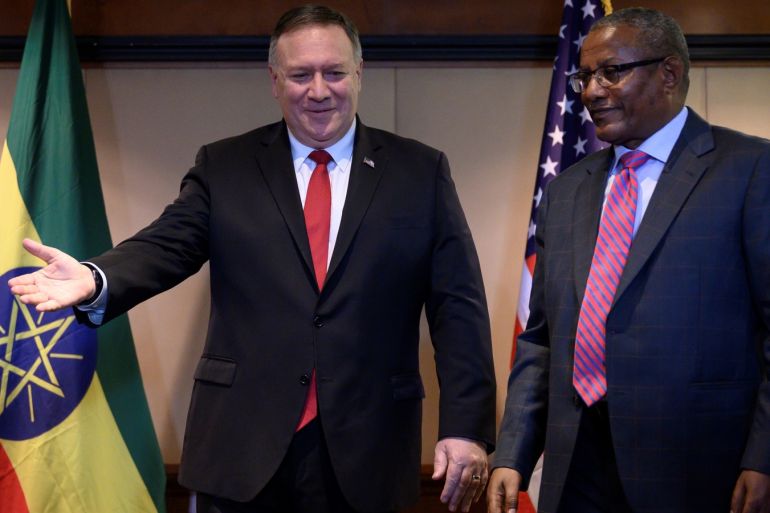U.S. Secretary of State Mike Pompeo holds a joint news conference with Ethiopian Minister of Foreign Affairs Gedu Andargachew at the Sheraton Hotel in Addis Ababa, Ethiopia February 18, 2020. Andrew Caballero-Reynolds/Pool via REUTERS