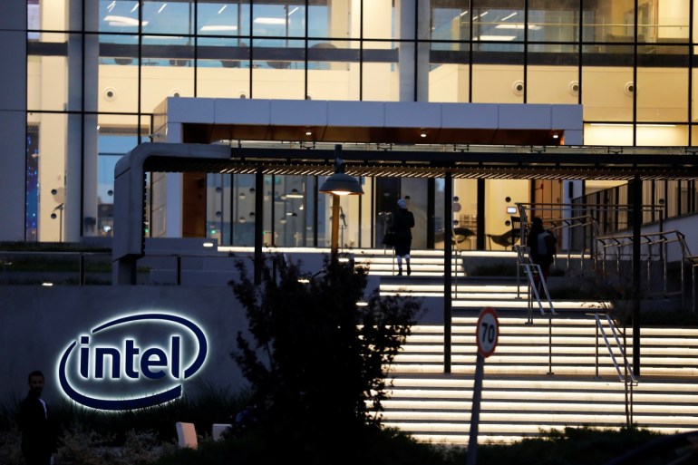 U.S. chipmaker Intel Corp's logo is seen at the entrance to their