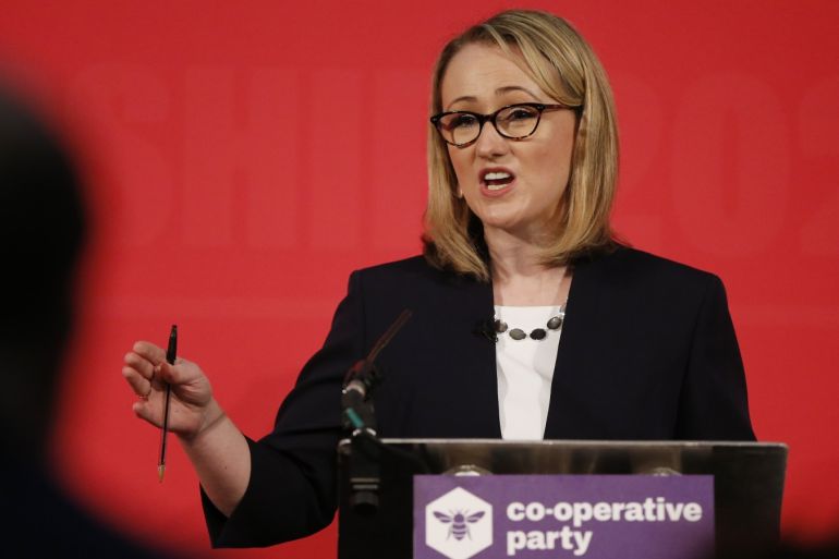 LONDON, ENGLAND - FEBRUARY 16: Rebecca Long-Bailey speaking at a hustings event for Labour Leader and Deputy Leader, hosted by the Co-operative Party, at the Business Design Centre on February 16, 2020 in London, England. Sir Keir Starmer, Rebecca Long-Bailey and Lisa Nandy are vying to replace Labour leader Jeremy Corbyn, who offered to step down following his party's loss in the December 2019 general election. (Photo by Hollie Adams/Getty Images)