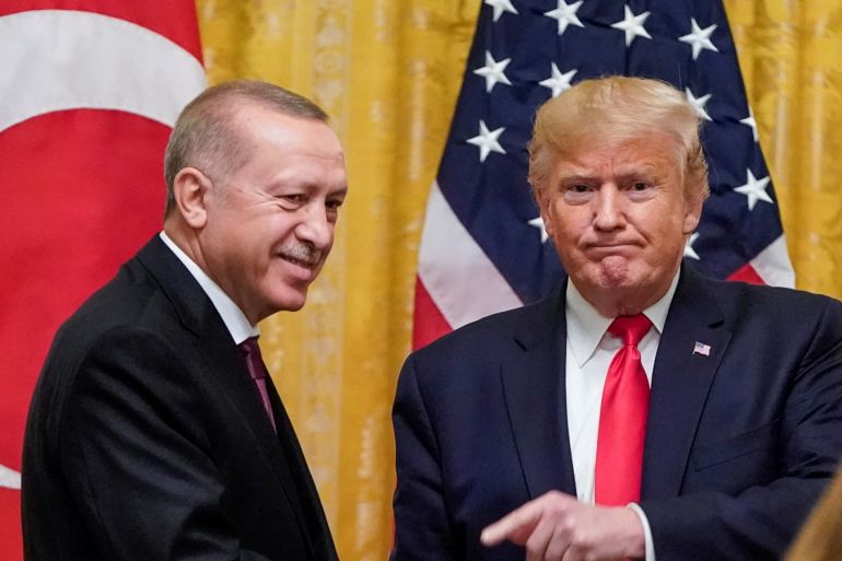 U.S. President Donald Trump greets Turkey's President Tayyip Erdogan during a joint news conference at the White House in Washington, U.S., November 13, 2019. REUTERS/Joshua Roberts