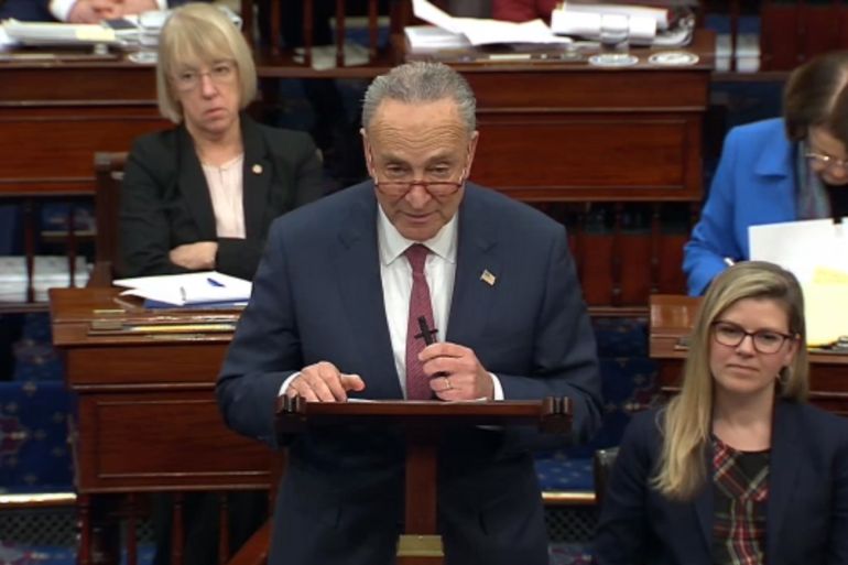 epa08183333 A still image taken from a webcast provided by the United States Senate shows Senate Minority Leader Chuck Schumer speaking during the impeachment trial against US President Trump in the Senate at the US Capitol in Washington, DC, USA, 31 January 2020. EPA-EFE/US SENATE TV / HANDOUT HANDOUT EDITORIAL USE ONLY/NO SALES