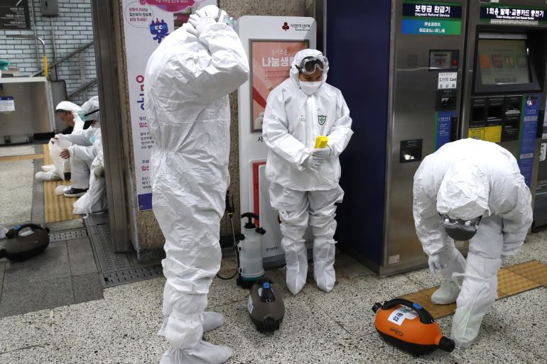 SEOUL, SOUTH KOREA - FEBRUARY 21: Disinfection workers wear protective gears and prepare to disinfect against the coronavirus (COVID-19) at the subway station on February 21, 2020 in Seoul, South Korea. South Korea reported 52 new cases of the coronavirus (COVID-19) bringing the total number of infections in the nation to 156, with the potentially fatal illness spreading fast across the country. (Photo by Chung Sung-Jun/Getty Images)