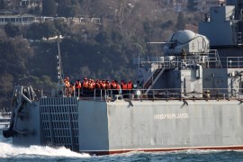 The Russian Navy's large landing ship Novocherkassk sets sail in the Bosphorus, on its way to the Mediterranean Sea, in Istanbul, Turkey, March 2, 2020. REUTERS/Yoruk Isik