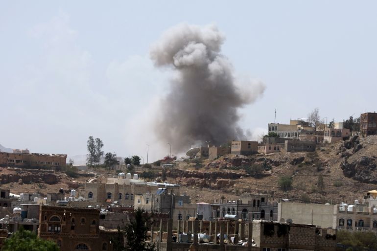 Dust rises from the site of a Saudi-led air strike in Sanaa, Yemen March 30, 2020. REUTERS/Khaled Abdullah