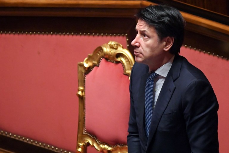 Italian Prime Minister Giuseppe Conte stands during a session in the Senate, the upper house of parliament, on the spread of coronavirus disease (COVID-19), in Rome, Italy, March 26, 2020 REUTERS/Alberto Lingria