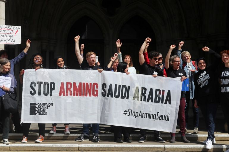 Demonstrators react outside the Court of Appeal after the result in the court case regarding the judgment of a legal battle by campaigners to challenge the UK government’s decision to grant licences for the export of arms to Saudi Arabia in London, Britain June 20, 2019. REUTERS/Simon Dawson