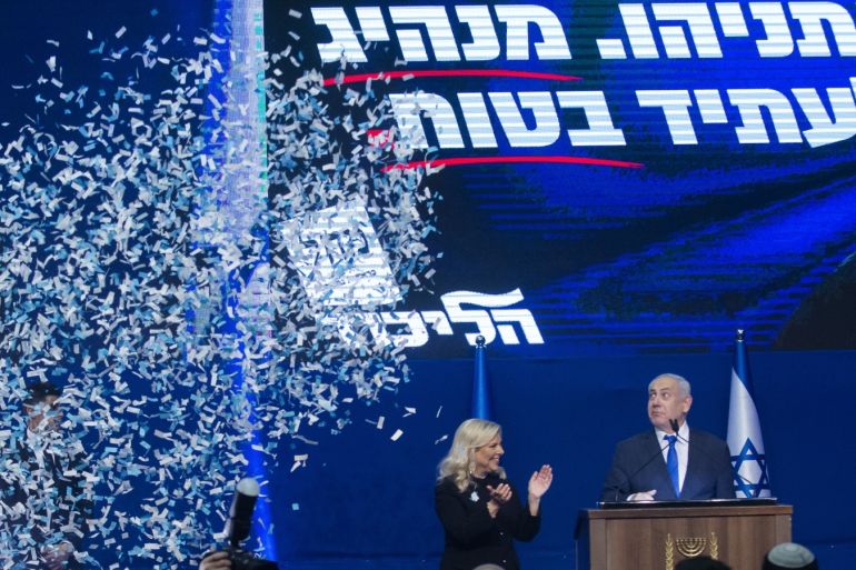 TEL AVIV, ISRAEL - MARCH 03: Sara Netanyahu and Israeli Prime Minister Benjamin Netanyahu thank supporters at the Likud Party after vote celebration on March 03, 2020 in Tel Aviv, Israel. Early results show that Netanyahu has claimed victory in Israel's general election, putting him ahead of rival Benny Gantz, but still short of a majority. (Photo by Amir Levy/Getty Images)