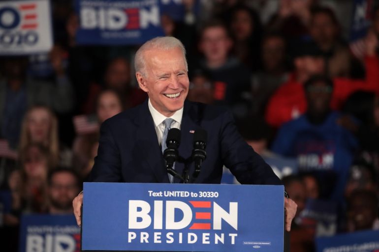COLUMBIA, SOUTH CAROLINA - FEBRUARY 29: Democratic presidential candidate former Vice President Joe Biden celebrates with his supporters after declaring victory at an election-night rally at the University of South Carolina Volleyball Center on February 29, 2020 in Columbia, South Carolina. The next big contest for the Democratic candidates will be Super Tuesday on March 3, when 14 states and American Samoa go to the polls. Scott Olson/Getty Images/AFP== FOR NEWSPAPER