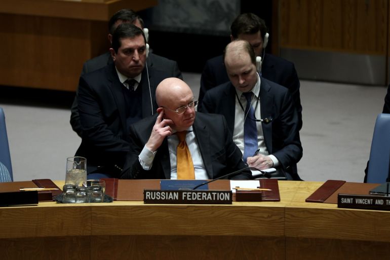 United Nations Security Council meeting in New York- - NEW YORK, USA - FEBRUARY 28: United Nations Security Council holds an urgent meeting on the recent escalation in the northwest of Syria in New York, United States on February 28, 2020. Vasily Nebenzya, Ambassador of the Russian Federation to the United Nations attended the meeting.