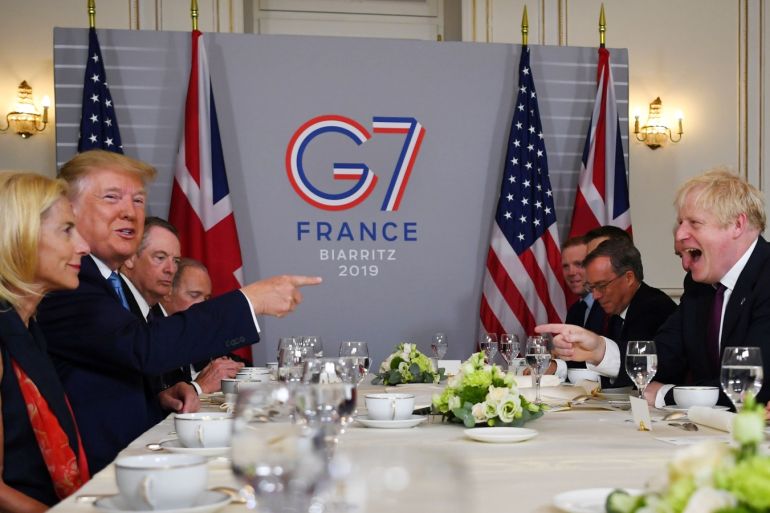U.S. President Donald Trump and Britain's Prime Minister Boris Johnson hold a bilateral meeting during the G7 summit in Biarritz, France, August 25, 2019. REUTERS/Dylan Martinez/Pool