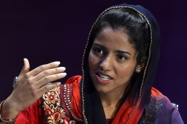 Afghan rapper Sonita Alizadeh speaks at the Women in the World summit in London