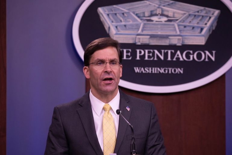 US Defense Secretary Mark Esper welcomes UK Secretary of State for Defense Ben Wallace - - ARLINGTON, VIRGINIA - MARCH 05: US Secretary of Defense Mark Esper speaks during a joint press conference following a meeting with UK Secretary of State for Defense Ben Wallace (not seen) at Pentagon on March 05, 2020 in Arlington, Virginia.