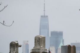 A view of One World Trade Center and Manhattan from The Green-Wood Cemetery, during the outbreak coronavirus disease (COVID-19) in the Brooklyn, New York, U.S., April 3, 2020. REUTERS/Brendan McDermid