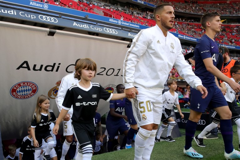 MUNICH, GERMANY - JULY 30: Eden Hazard of Real Madrid enters the pitch for the Audi cup 2019 semi final match between Real Madrid and Tottenham Hotspur at Allianz Arena on July 30, 2019 in Munich, Germany. (Photo by Alexander Hassenstein/Getty Images for AUDI)