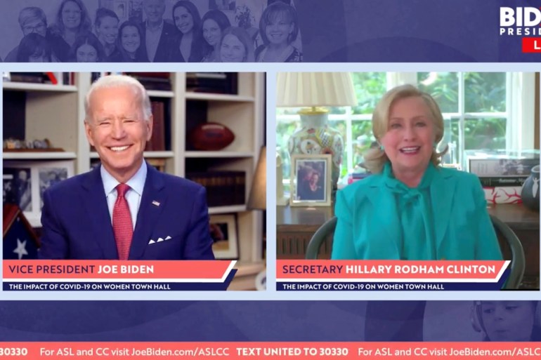 Democratic U.S. presidential candidate Joe Biden smiles as former Secretary of State and 2016 Democratic presidential nominee Hillary Clinton endorses him for president in a video screengrab made during an online town hall about the impact of COVID-19 disease on women run from Biden's home in Wilmington, Delaware, U.S. April 28, 2020. Biden For President/Handout via Reuters