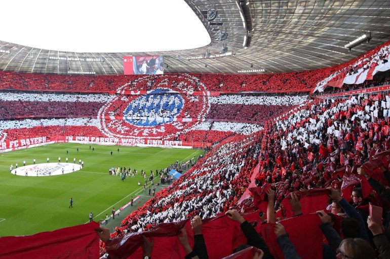 MUNICH, GERMANY - MARCH 08: Fans of Bayern Munich display a tifo prior to the Bundesliga match between FC Bayern Muenchen and FC Augsburg at Allianz Arena on March 08, 2020 in Munich, Germany. (Photo by Alexander Hassenstein/Bongarts/Getty Images)