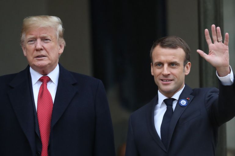 US President Donald Trump at the Elysee Palace- - PARIS, FRANCE - NOVEMBER 10: French President Emmanuel Macron (R) welcomes U.S. President Donald Trump (L) at the Elysee Palace in Paris, France on November 10, 2018.