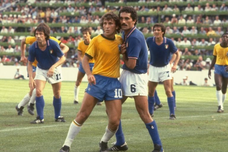 5 Jul 1982: Zico (left) of Brazil and Claudio Gentile of Italy mark each other during the World Cup Second Round match at the Sarria Stadium in Barcelona, Spain. Italy won the match 3-2.  Mandatory Credit: Allsport UK /Allsport