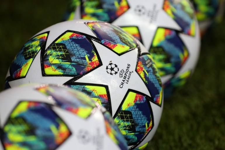 BRUGGE, BELGIUM - OCTOBER 22: Detailed view of the Champions League logo is seen on a ball prior to the UEFA Champions League group A match between Club Brugge KV and Paris Saint-Germain at Jan Breydel Stadium on October 22, 2019 in Brugge, Belgium. (Photo by Catherine Ivill/Getty Images)