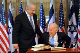 Israel's Prime Minister Netanyahu laughs with U.S. Vice President Biden in Jerusalem