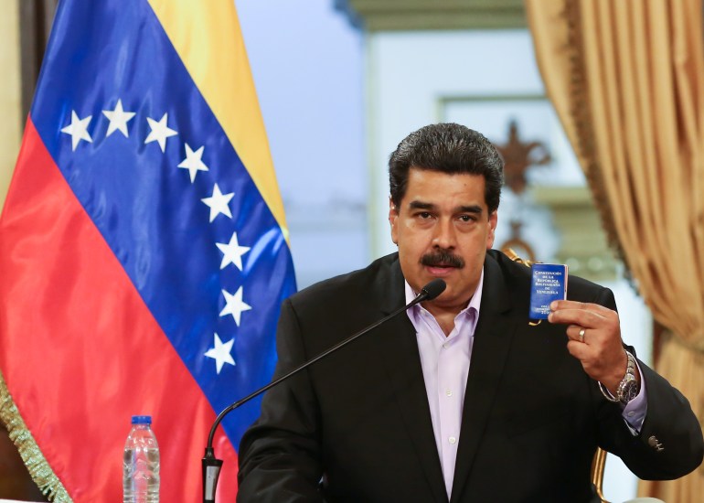 Venezuela's President Nicolas Maduro speaks during a meeting with members of the Venezuelan diplomatic corp after their arrival from the United States, at the Miraflores Palace in Caracas