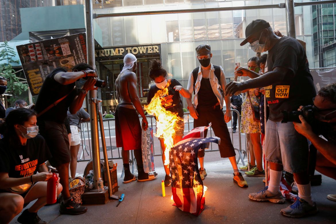 Black Lives Matter Fourth of July U.S. flag burning protest in Manhattan, New York City