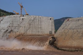 Water flows through Ethiopia's Grand Renaissance Dam as it undergoes construction work on the river Nile in Guba Woreda
