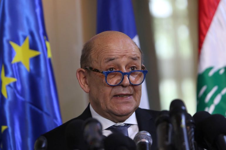 French Foreign Affair Minister Jean-Yves Le Drian speaks during a news conference at the Ministry of Foreign Affairs in Beirut