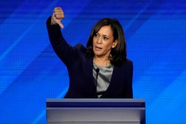 Senator Kamala Harris gives a thumbs down as she speaks during the 2020 Democratic U.S. presidential debate in Houston, Texas, U.S.