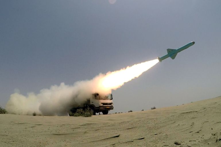 An Iranian locally made cruise missile is fired during war games in the northern Indian Ocean and near the entrance to the Gulf