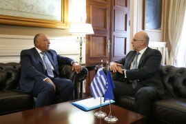Greek Foreign Minister Nikos Dendias meets his Egyptian counterpart Sameh Shoukry at the Foreign Ministry in Athens
