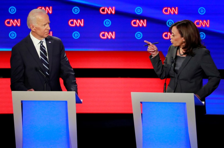 U.S. Senator Harris points at former Vice President Biden on the second night of the second U.S. 2020 presidential Democratic candidates debate in Detroit, Michigan, U.S.