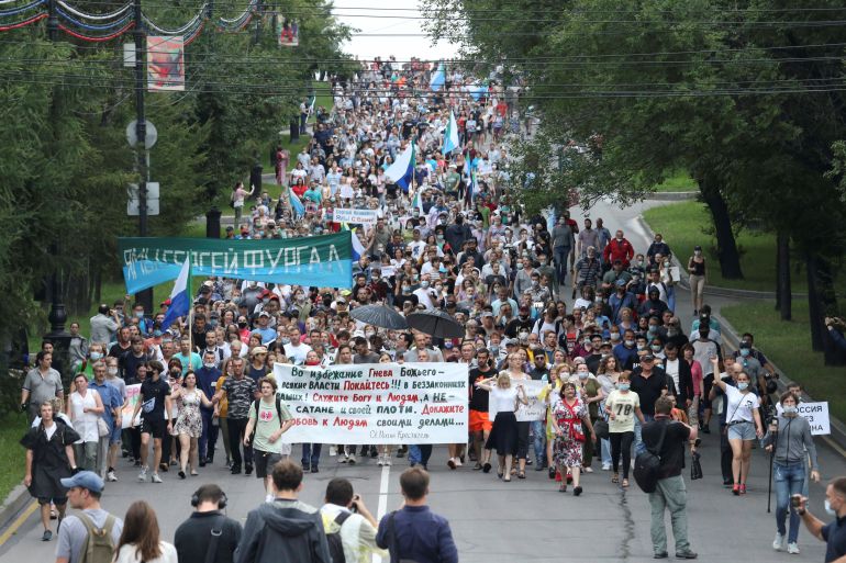 People take part in a rally in support of former regional governor Sergei Furgal in Khabarovsk