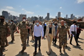 U.S. Under Secretary of State for Political Affairs David Hale and U.S. Ambassador to Lebanon Dorothy Shea visit the site of a massive explosion at Beirut's port,