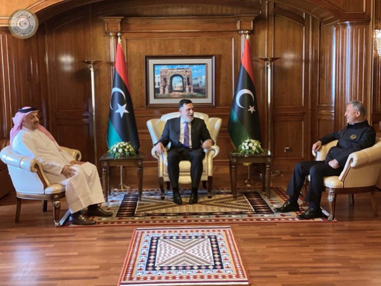 Libya's internationally recognised PM Fayez al-Sarraj meets with Turkish and Qatari defence ministers in Tripoli