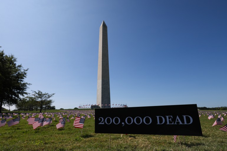 American flags placed on the National Mall for 200,000 American coronavirus victims