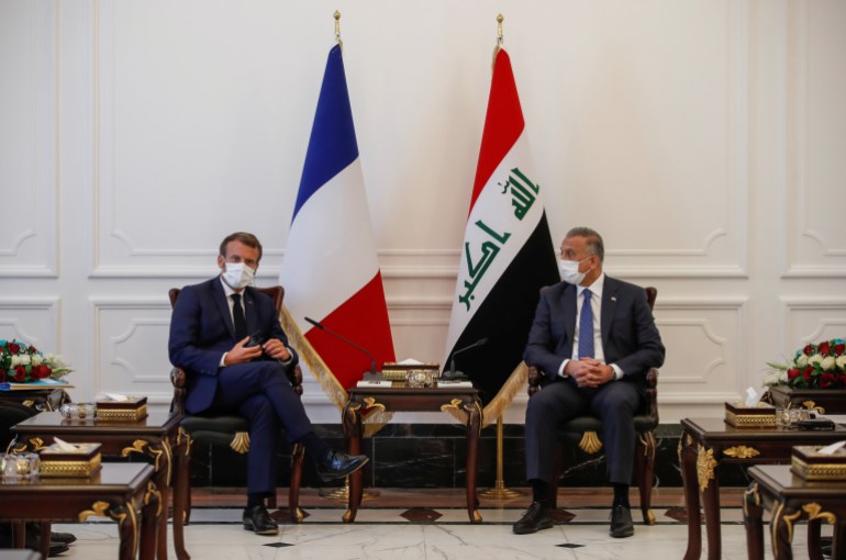 French President Emmanuel Macron and Iraqi Prime Minister Mustafa al-Kadhimi hold a meeting in Baghdad
