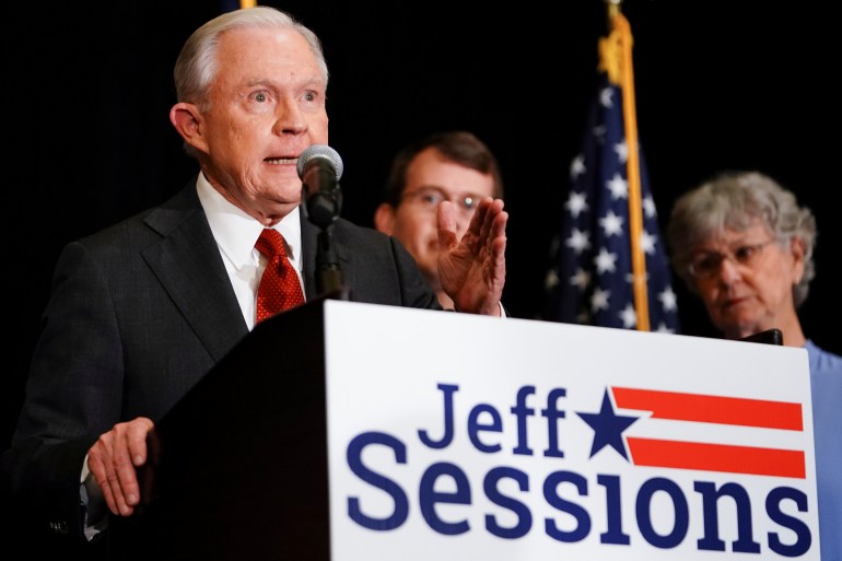 Former U.S. Attorney General Jeff Sessions and Republican senate candidate speaks in Mobile