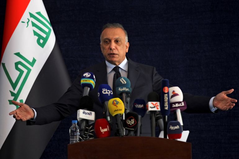 Iraqi Prime Minister Mustafa Al-Kadhimi speaks during a news conference in Basra
