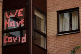 A sign is displayed in the window of a student accommodation building following the outbreak of the coronavirus disease (COVID-19) in Manchester, Britain