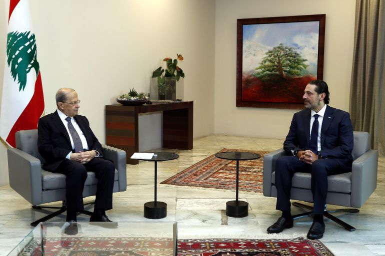 Lebanon's President Michel Aoun meets with former Prime Minister Saad al-Hariri at the presidential palace in Baabda