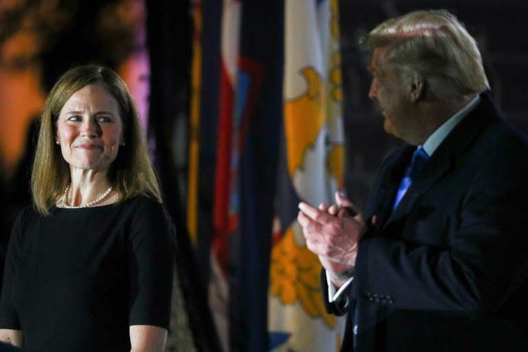 Judge Amy Coney is sworn in as an associate justice of the U.S. Supreme Court at the White House in Washington