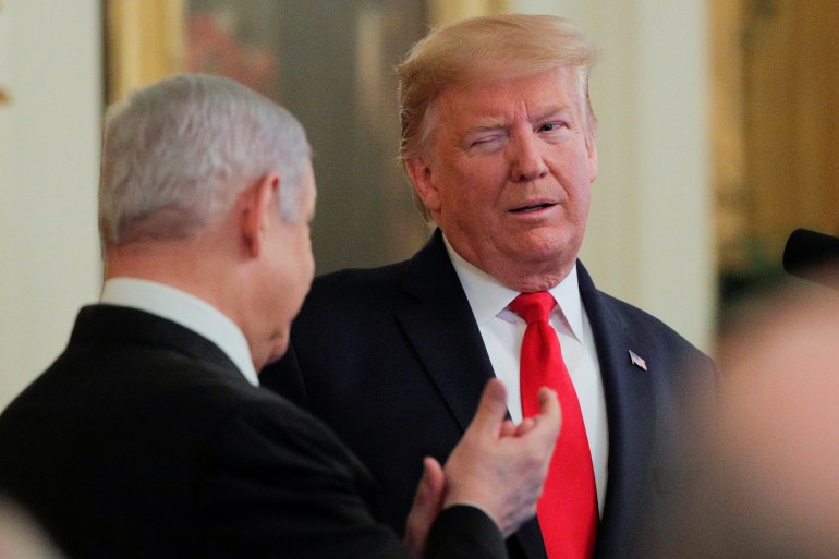 U.S. President Trump and Israel's Prime Minister Netanyahu discuss Middle East peace proposal at White House in Washington