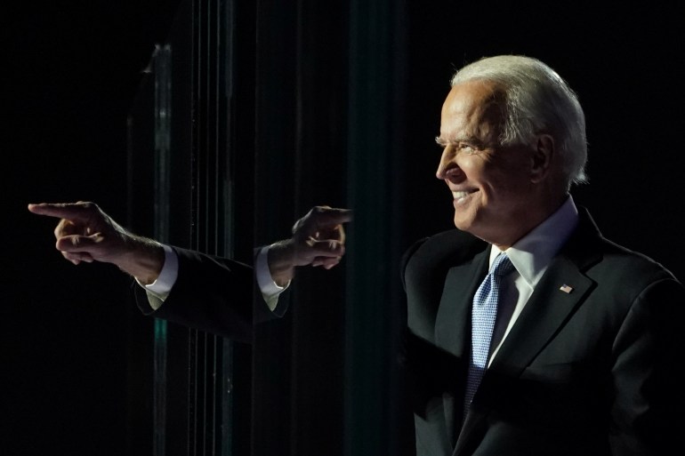 Democratic 2020 U.S. presidential nominee Joe Biden points a finger at his election rally in Wilmington