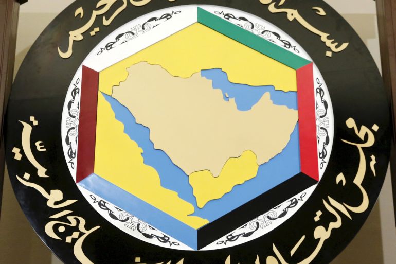 The Gulf Cooperation Council (GCC) logo is seen during a meeting in Manama
