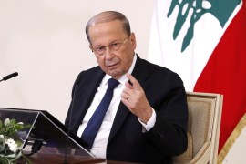 Lebanon's President Michel Aoun speaks during a news conference at the presidential palace in Baabda