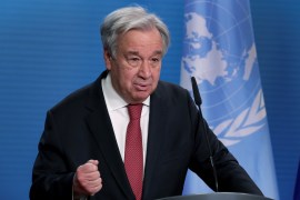 U.N. Secretary-General Antonio Guterres and German Foreign Minister Heiko Maas address the media during a joint news conference after a meeting in Berlin