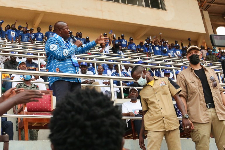 Central African Republic President Faustin Archange Touadera addresses supporters at a political rally in Bangui