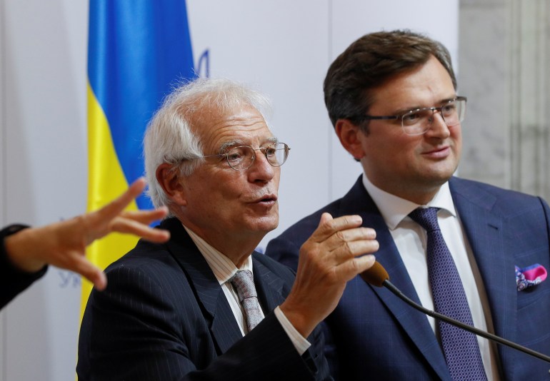Ukrainian Foreign Minister Kuleba and High Representative of the European Union for Foreign Affairs and Security Policy Borrell attend a news conference in Kyiv