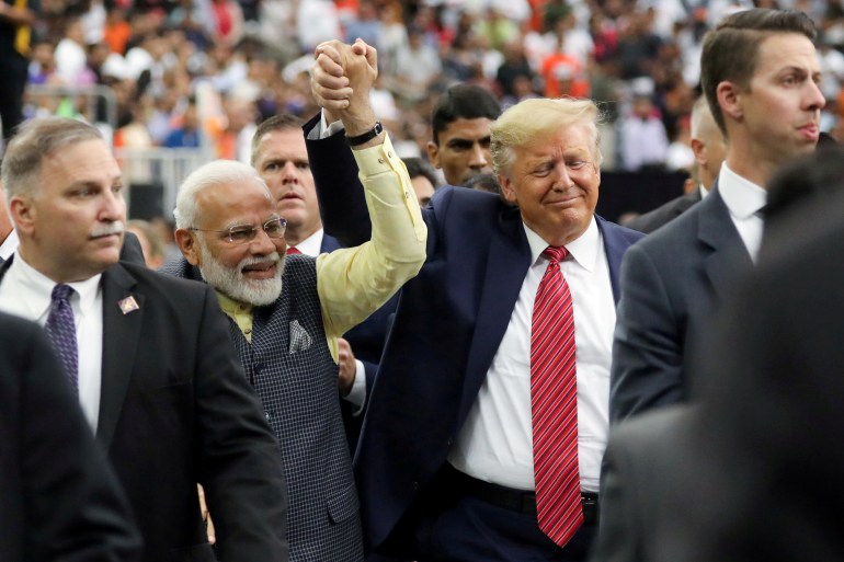 U.S. President Donald Trump participates in the "Howdy Modi" event with India's Prime Minister Narendra Modi in Houston, Texas